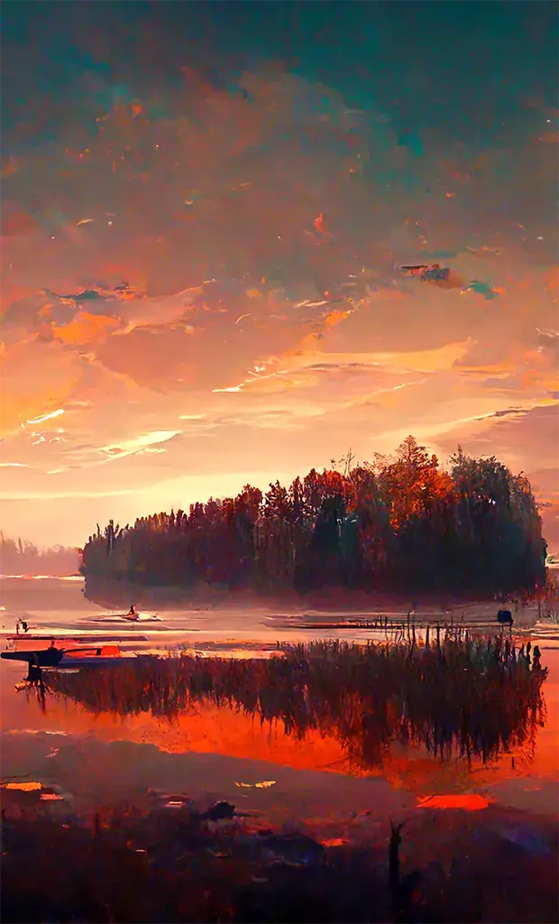 Oil Painting of a lake at sunset generated by MidJourney